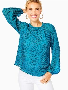 Lilly Pulitzer Caline Silk Top in Teal Bay Swirl Clip